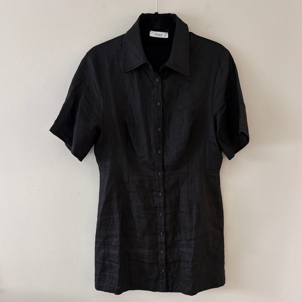 DISSH‎ Black 100% Linen Short Sleeve Button Front Mini Shirt Dress Womens 12